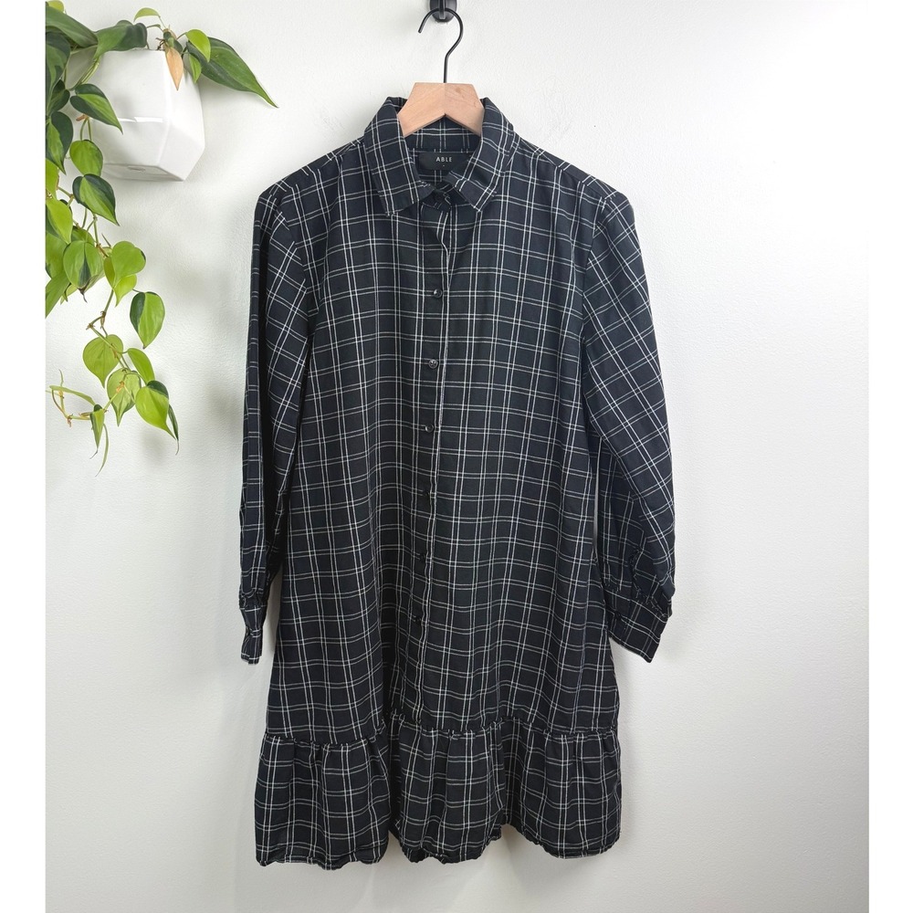 ABLE Shelby Flounce Shirtdress Black Plaid 100% Cotton Ruffle Hem Button Down M